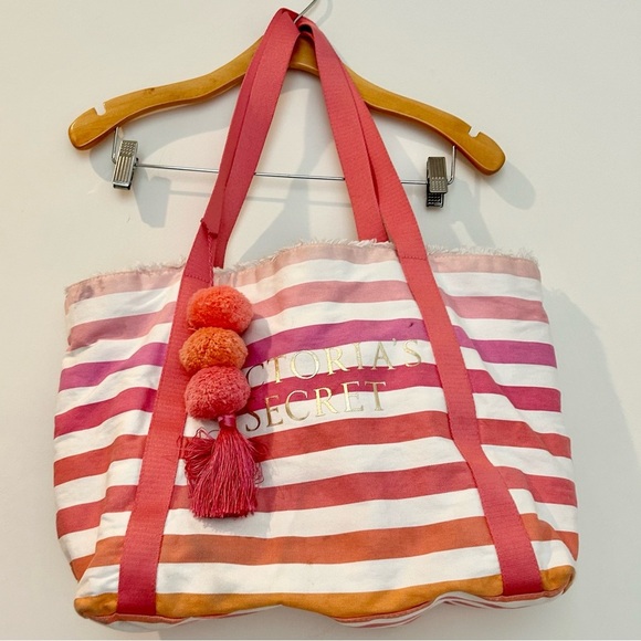 Victoria’s Secret Summer Stripe Tote Bag Pink and White Preppy Canvas Beach Bag - Picture 1 of 7